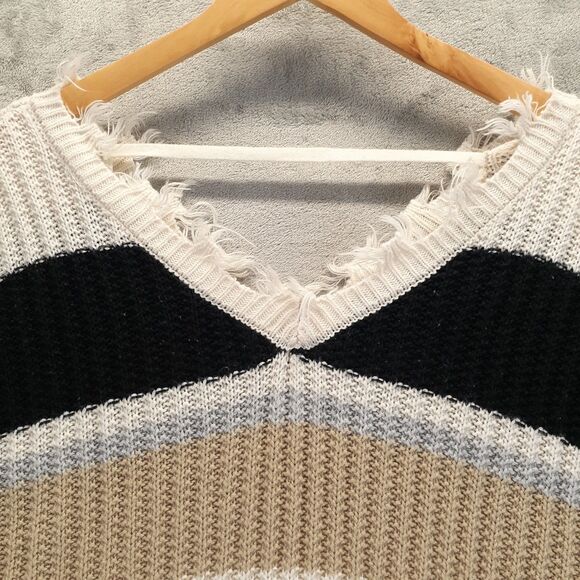 Rue 21 Sweater Women Sz M Black Brown Striped Distressed Hem V-Neck Oversized - Picture 7 of 10